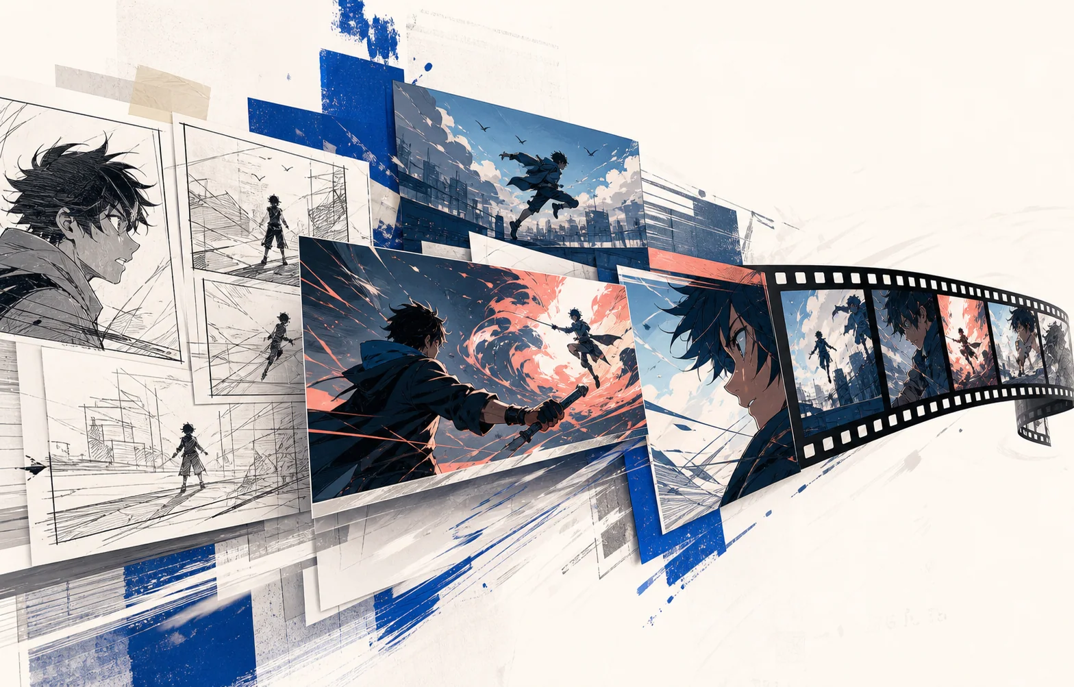 Anime character sketches evolving into illustrated scenes and a cinematic filmstrip
