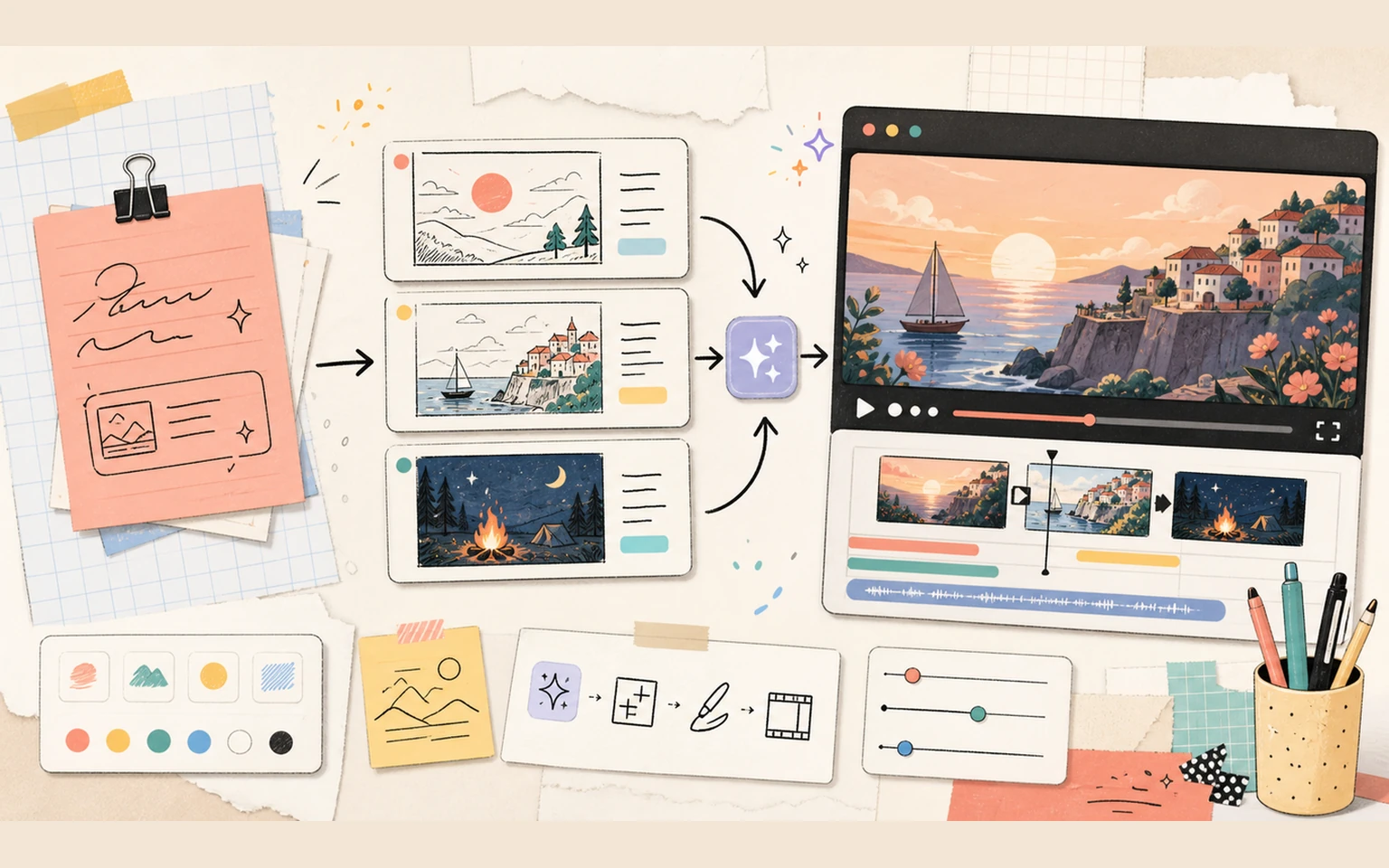 Storyboard sheets transforming into a cinematic video timeline