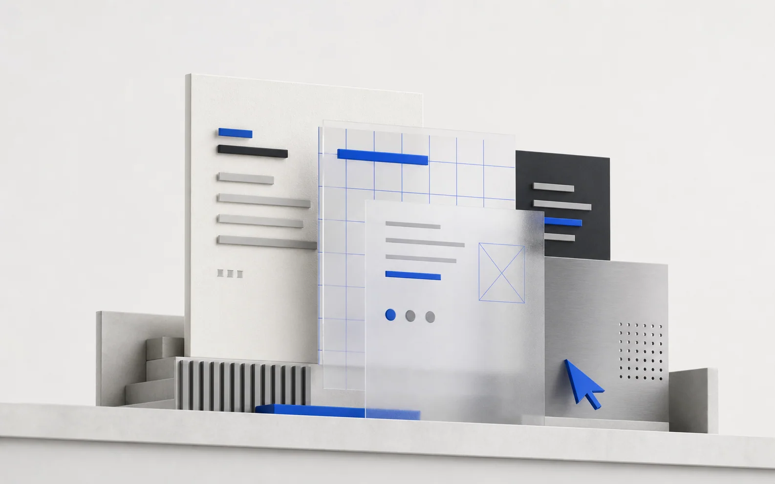 Layered website interface panels representing professional web design and development